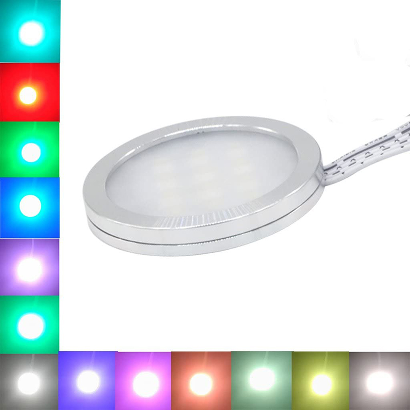 DC12V 3W/PCS 4PCS RGB Color Changing Under Cabinet LED Puck Light Kit, With 2.4G Touch Remote WIFI Control